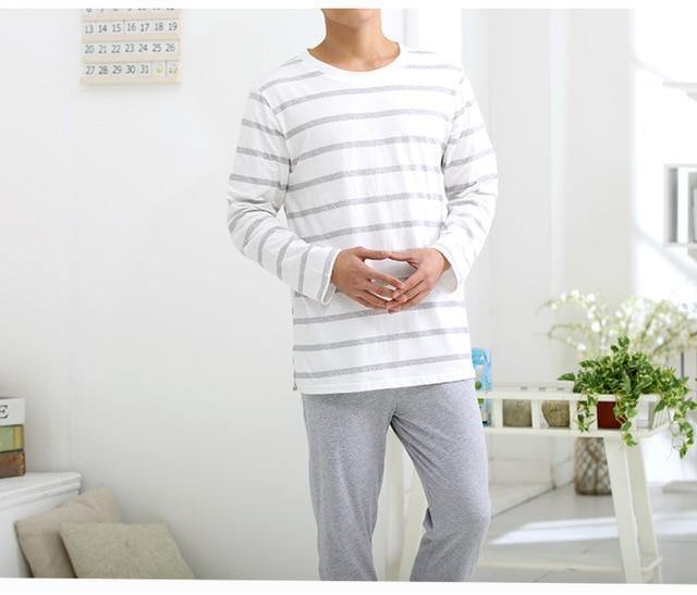 Planet+Gates+Gray+/+L+Cotton+Spring+and+Autumn+Male+Sleepwear+Long-Sleeve+O-Neck+Pullover+Striped+Lounge+Sleep+Set