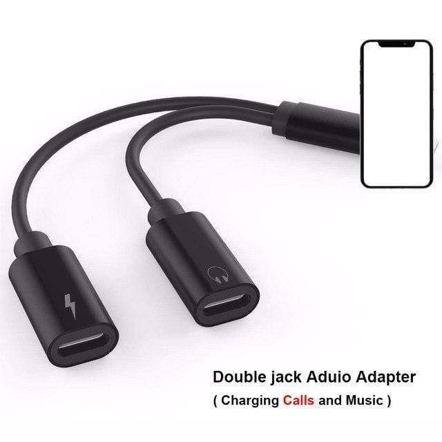 Planet+Gates+Llightning+BLACK+Double+jack+Adapter+For+lightning+iPhone+7+8+X+XS+XR+Charger+call+or+Music+and+3.5mm+headphone+aux+audio+Converter+Support+iOS12