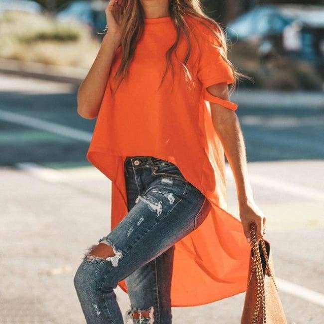 Planet+Gates+Orange+/+L+Orange+Asymmetrical+T-shirt+Solid+Tee+Women+Street+O-neck+Short+Sleeve+Loose+Top+Tee+2018+Summer+T-shirt+ropa+mujer