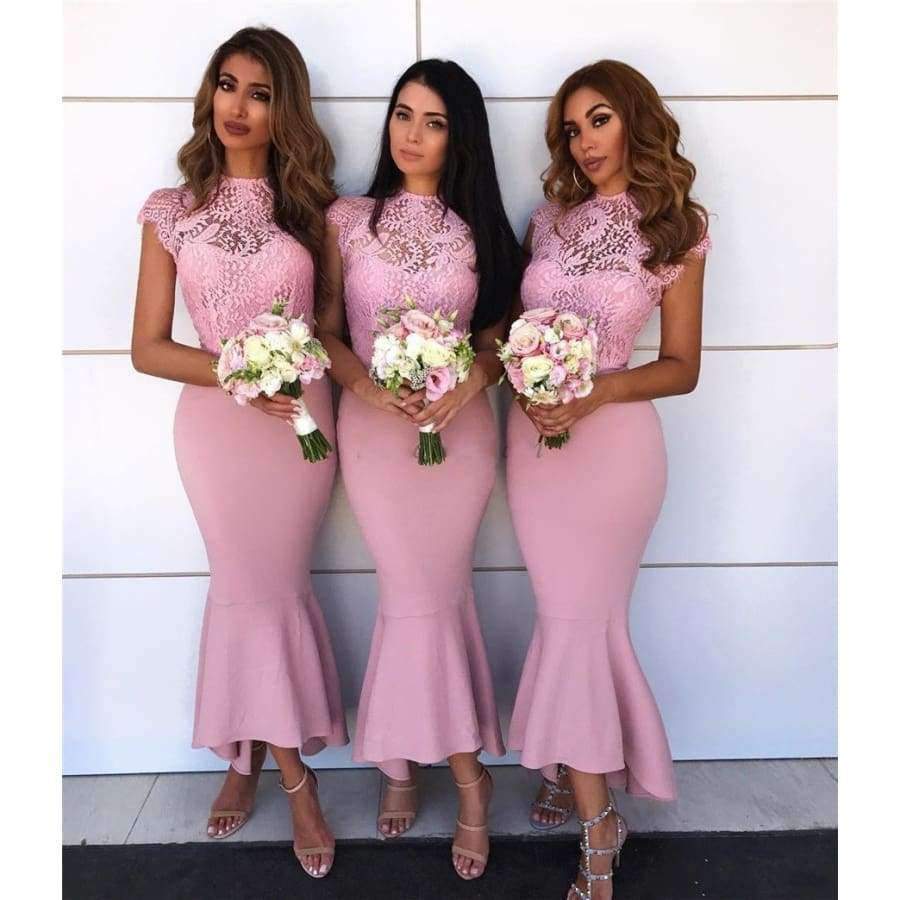 Planet+Gates+Pink+Lace+Mermaid+Bridesmaid+Dress+2018+New+O+Neck+Tea+Length+Short+Maid+Of+Honor+Dresses+Cheap+Wedding+Party+Gowns