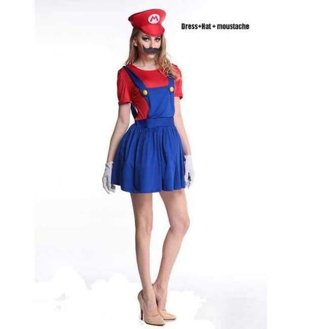 Planet+Gates+Red+/+S+3PCS+Women's+Super+Mario+Dress+Costume+With+Hat+Moustache+Luigi+Lady's+Female+Deluxe+Halloween+Costumes+Party+Outfits