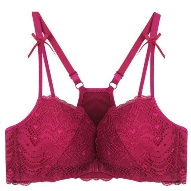 Planet+Gates+Red+Wine+/+70A+Women+Bra+Front+Closure+Vest+Type+Seamless+Push+Up+Women+Bra+5/8+Cup+Small+Chest+Sexy+Back+Bow+Floral+Lace+Underwear