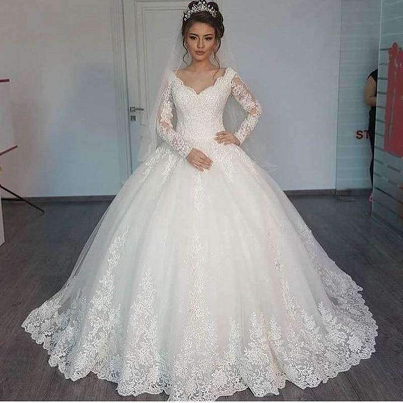 Planet+Gates+Romantic+V-neck+Elegant+Princess+Wedding+Dress+2018++Long+Sleeves+Appliques+Celebrity++Ball+Gown+vestido+De+Noiva