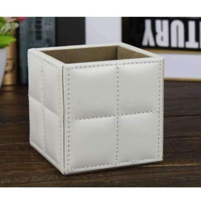 Planet+Gates+white+10cm+square+stitching+PU+leather+desk+pen+pencil+holder+case+stationery+organizer+office+supplies+desktop+accessories+205A