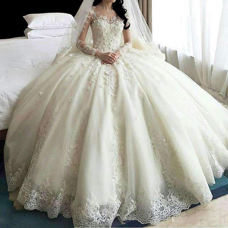 Planet+Gates+White+/+2+Dubai+Crystal+Flowers+Ball+Gown+Wedding+Dresses+2017+New+Long+Sleeve+Muslim+Lace+Appliques+Wedding+Gowns+Bridal+Dress