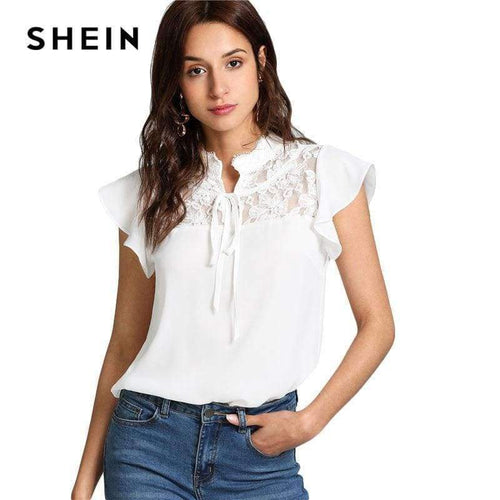 SHEIN Knot Floral Lace Yoke Top Dame Standkrave Flæse Sommerfugleærmer almindelig bluse 2018 – Planet Gates