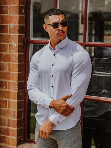 White Bamboo Satin Stretch Muscle Fit Dress Shirt | Kojo Fit