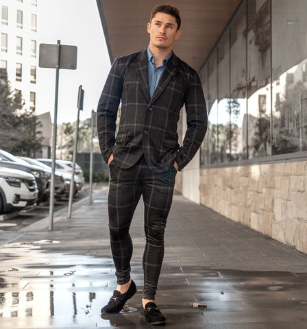 Mens Black Checkered Suit with Muscle Fit for a slim waist look