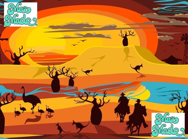 Original artwork by Maz Calic - Maz Made - titled Kimberley, with colours of orange, brown, red, black and blue, a large sunset over dry and sparse landscape with boabab trees, emus, kangaroos, wallabies and joeys and two people on horses.