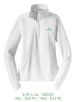 White womens half zip pull over with Sioux Falls Development Foundation logo embroidered on left chest in full color.