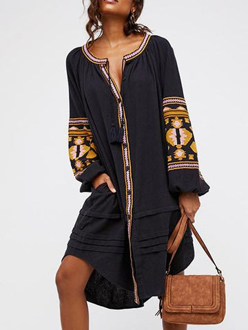 embroidered flared sleeves tasseled mini dress