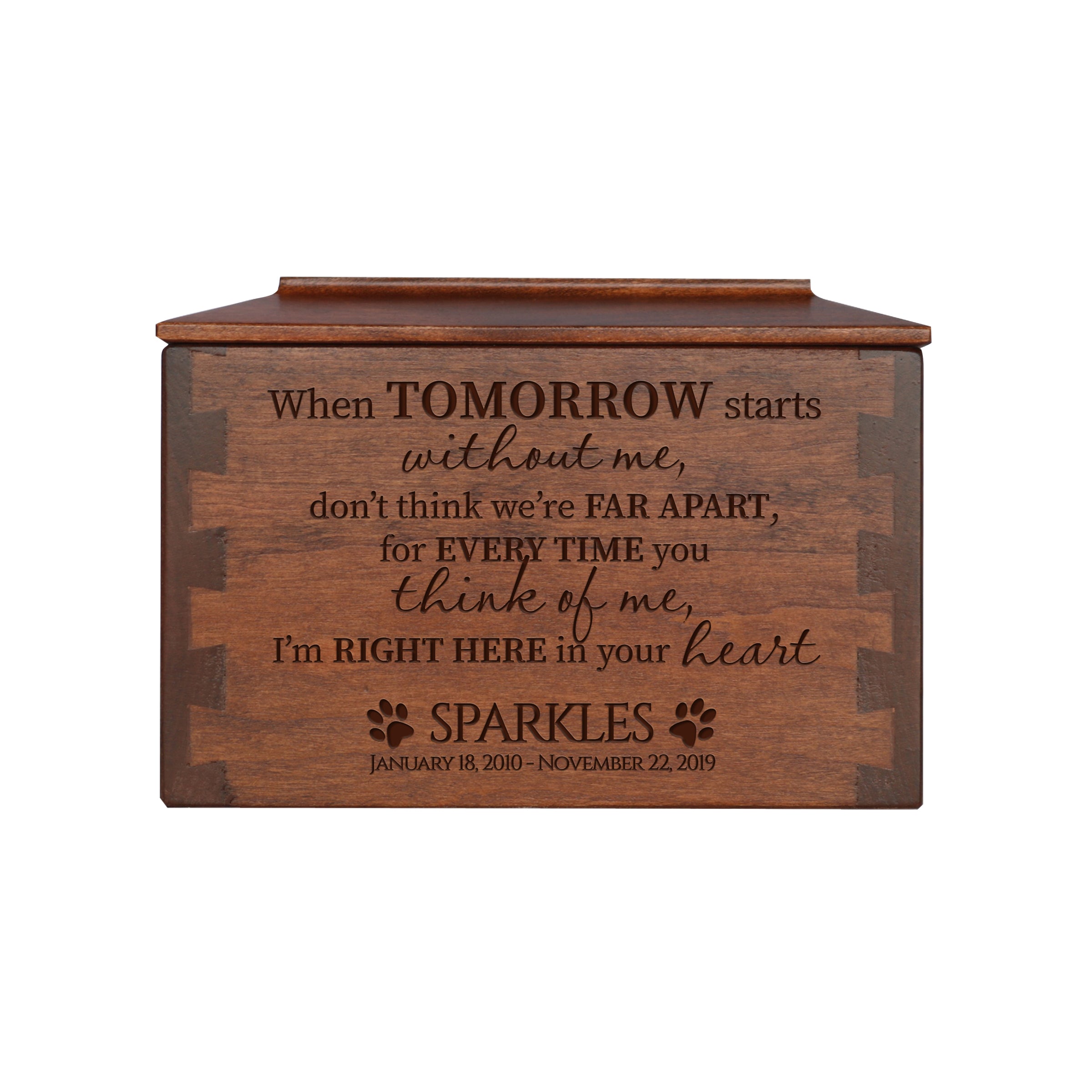 LifeSong Milestones Wooden Cremation Urn for Pets Small Cherry Dovetail Memorial Keepsake box for Dogs and Cats, personalized Memory box with Engraved, Name, Date and Poem Set D