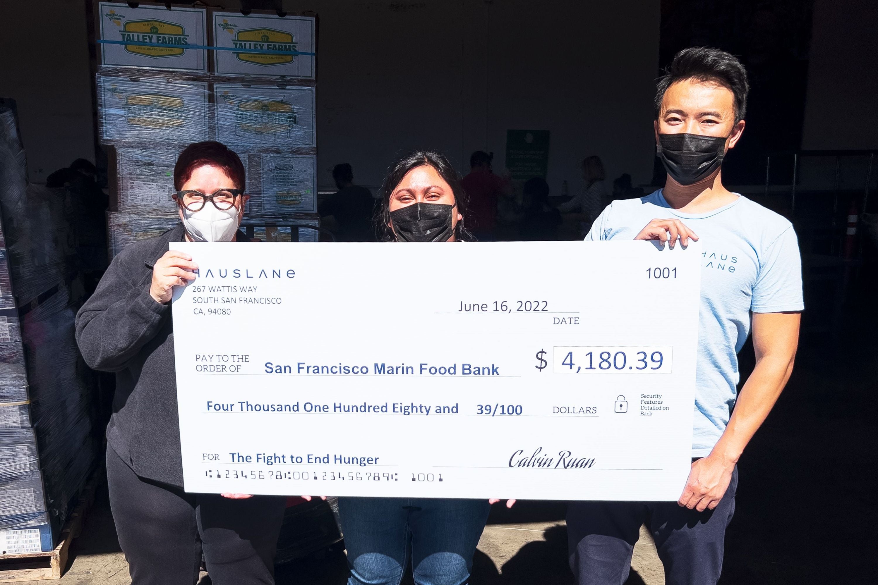 Hauslane partners with Marin Food Bank in May to support world hunger and raises over four thousand dollars in a successful charity campaign