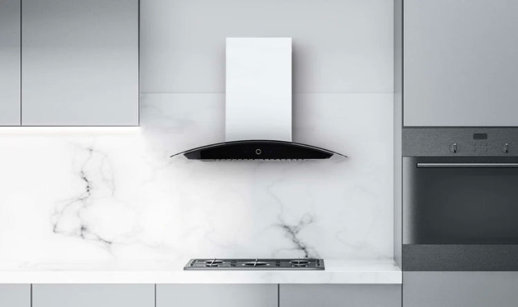 Hauslane WM-639 wall mount range hood with convertible venting, powerful suction, black touch screen control panel, glass canopy style hood, 3-speed settings, and delay-auto shutoff feature