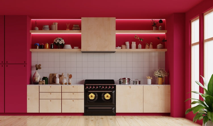 colorful kitchen hot pink and tan