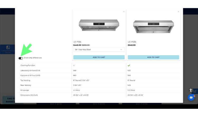 Hauslane online product comparison table comparing two best sellers, the uc-ps18 under cabinet range hood and the uc-ps38 under cabinet range hood