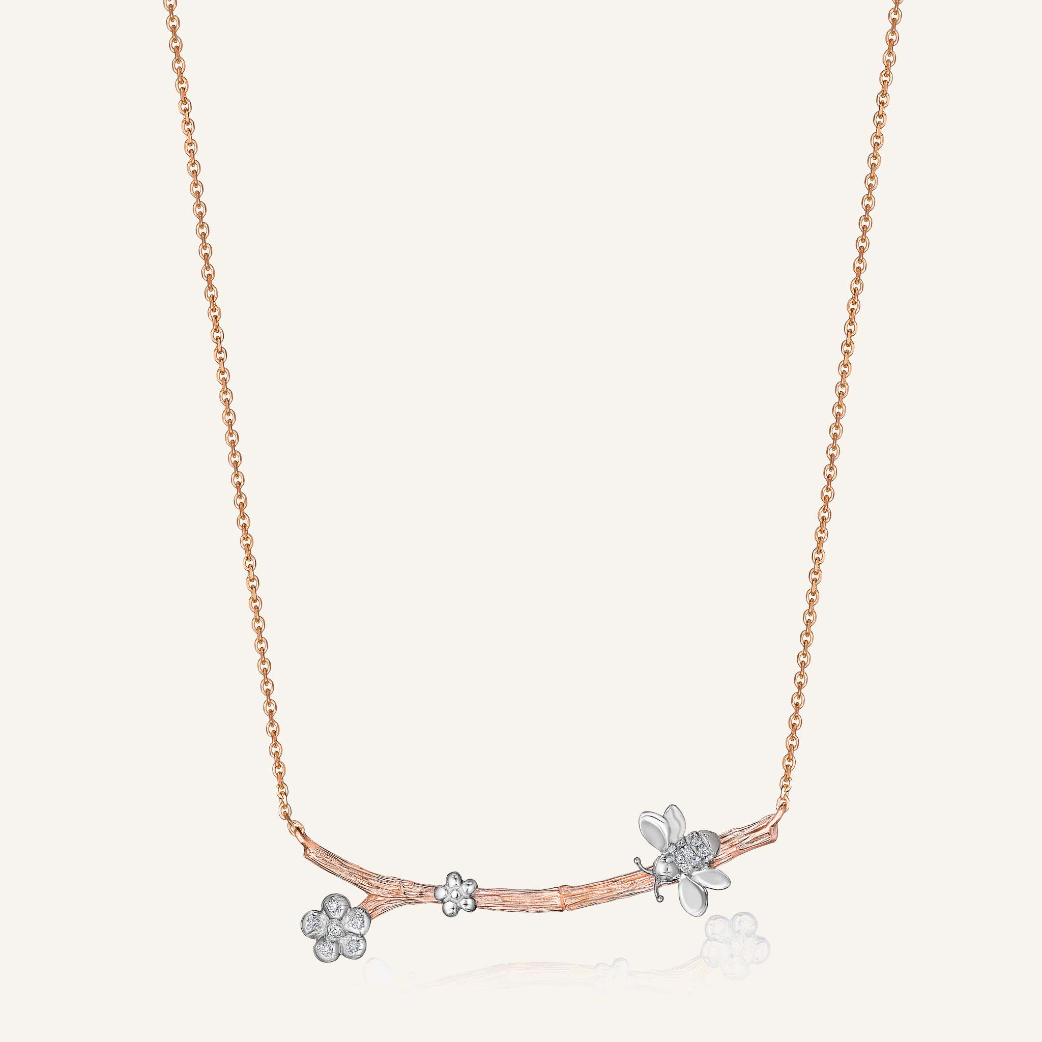 Wonderland Bee & Orchid Twig Necklace_18k Gold