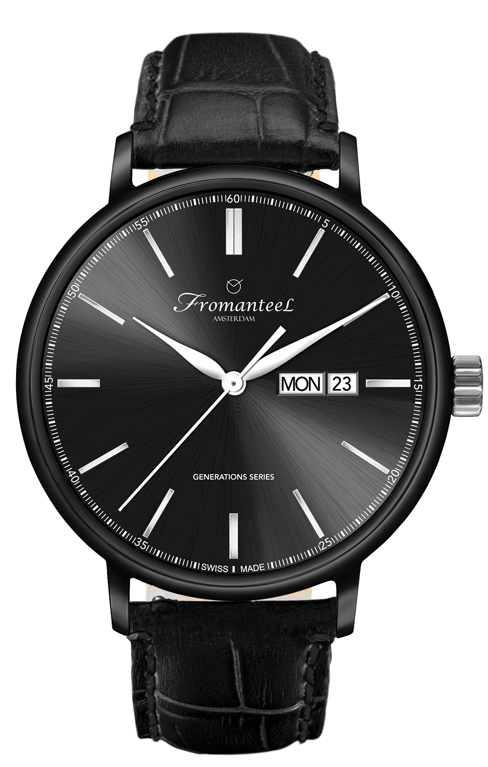 Swiss Made Men's Watch Fromanteel Generations Day-Date Black PVD Nero