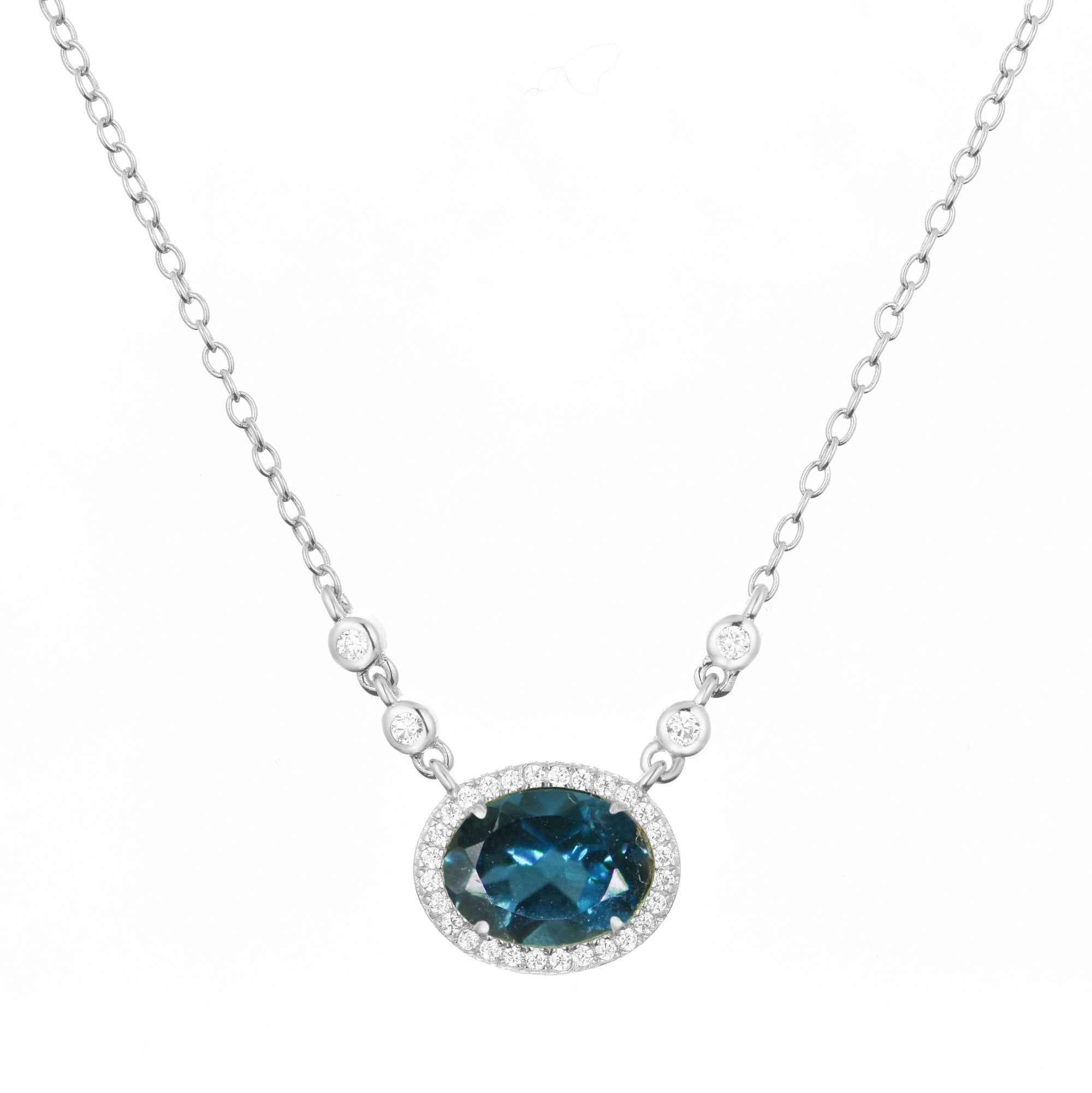 Erin London Blue Topaz and Diamond Womens Double Halo Pendant Necklace 0.52  ctw 14K White Gold.Included 18 Inches 14K White Gold Chain