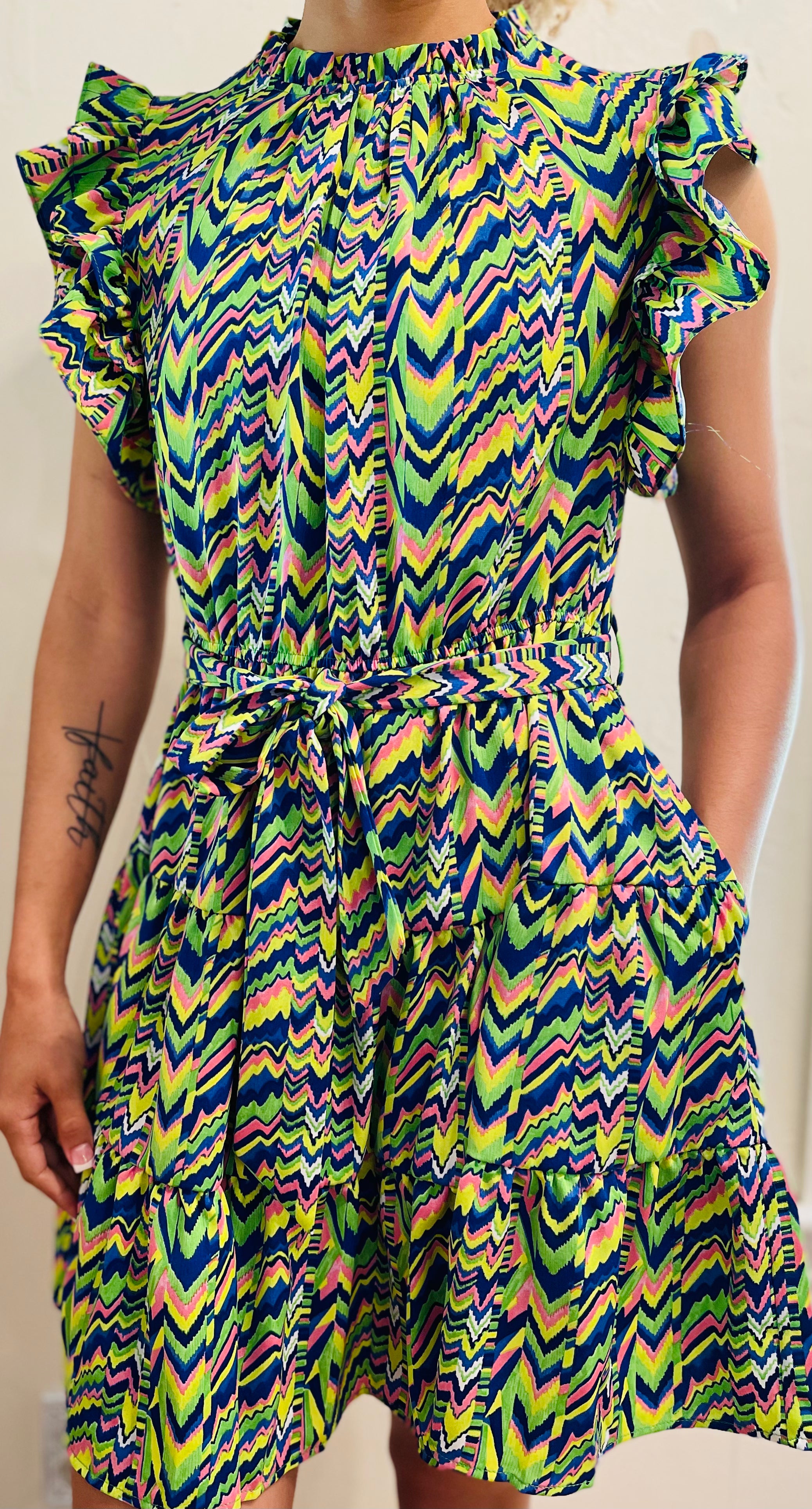 Green mix Print Belted Waist Tiered Dress