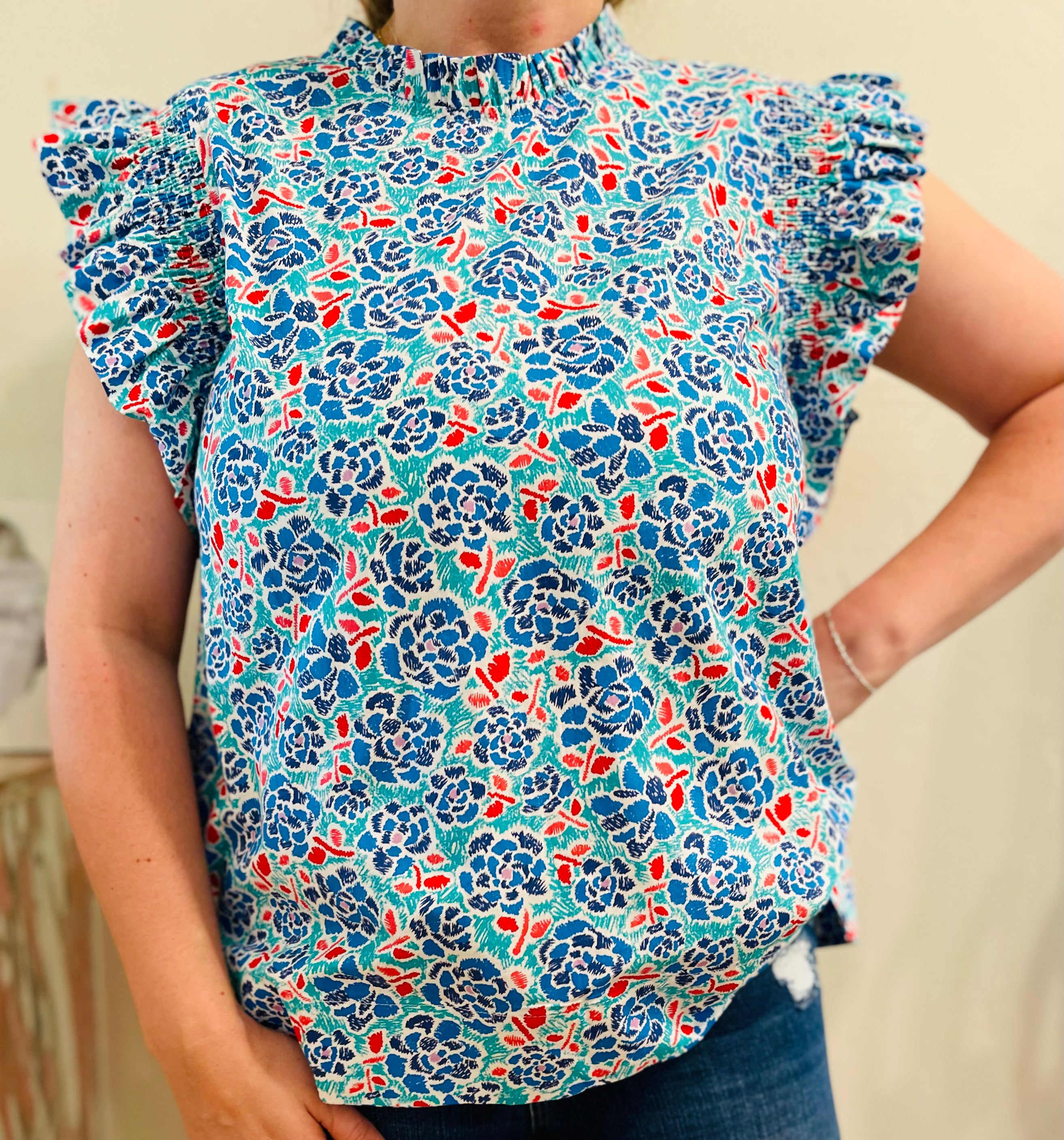 Blue Floral Print Ruffle Cap Sleeves Top