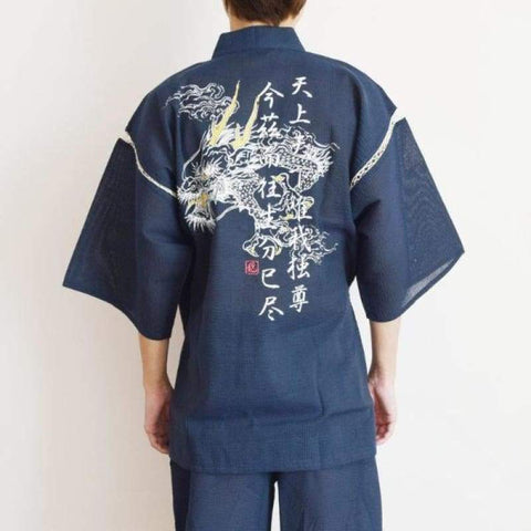 blue jinbei japanese home wear for men with dragon print 