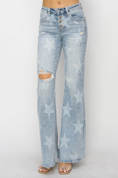 RISEN Mid Rise Button Fly Start Print Flare Jeans