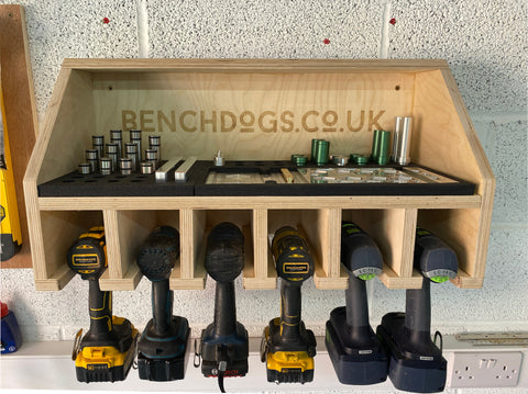 Wooden drill and bench dog rack with benchdogs.co.uk branding