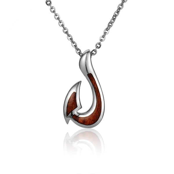 92.5 Sterling Silver Gadao Fish Hook Pendant with Koa Wood Accent -  Chamorro Jewelry by Rosa Marianas