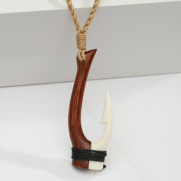 Koa Wood and Bone Classic Style Fish Hook Necklace 28x52mm