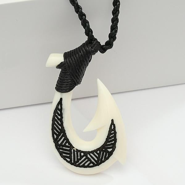 Black Bone Fish Hook with Carving Necklace 32x50mm – Makani Hawaii