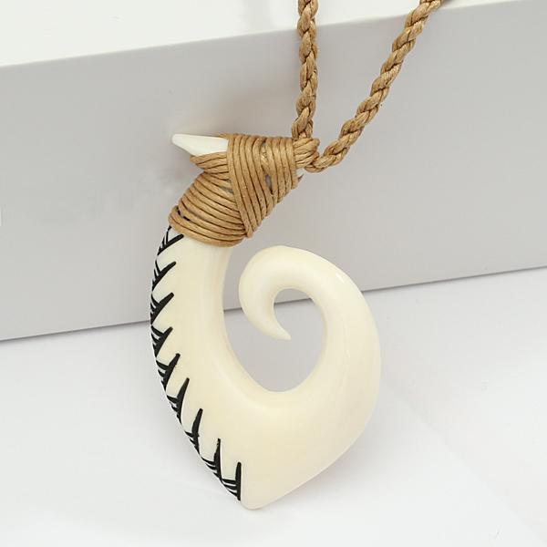 Buffalo Bone Fish Hook with Black Enamel Carving Necklace 29x52mm