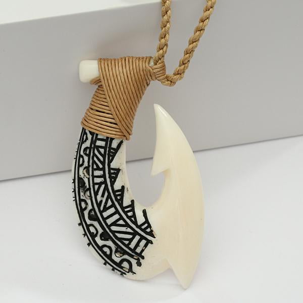 Buffalo Bone Fish Hook with Whale Tail Necklace 30x55mm – Makani