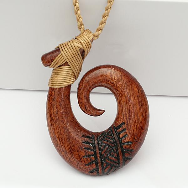 Koa Wood Fish Hook (Makau) with Carving Necklace (L) 32x50mm