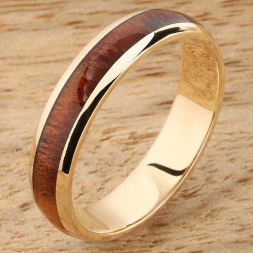 Luxury 14k Yellow Gold Koa Wood Ring Wedding Ring 5mm Makani Hawaii