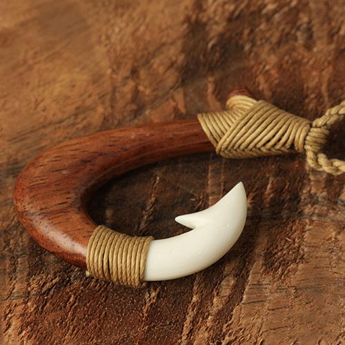 Koa Wood and Cow Bone Fish Hook with Carving Necklace 40x60mm