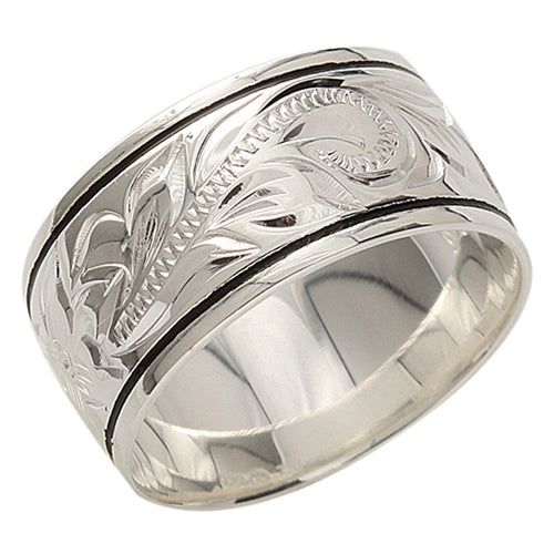 Sterling Silver Hawaiian Scroll with Black Border Ring 15mm