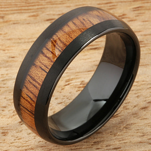 Black Tungsten Koa Wood Rings Dome Shape Comfort Fit Makani