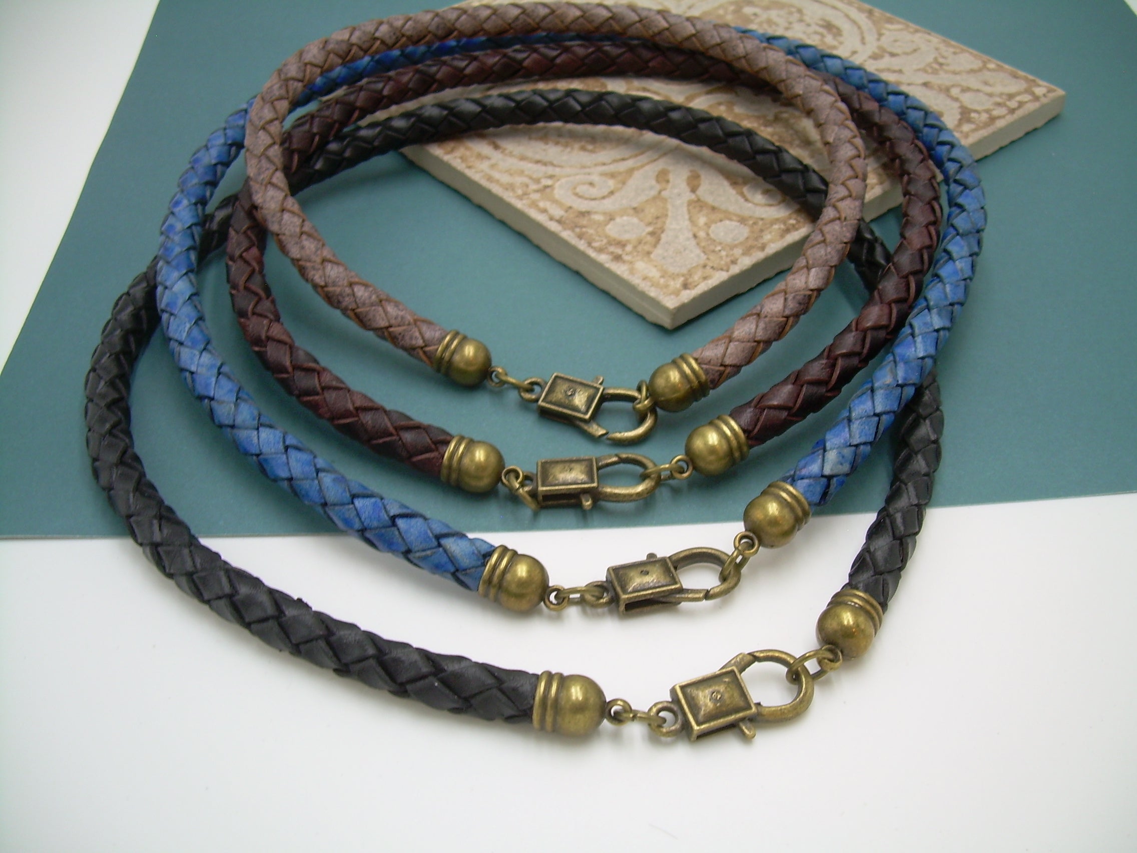 Thick 8 mm Braided Leather Necklace with Antique Bronze Lobster Clasp and Cord Ends