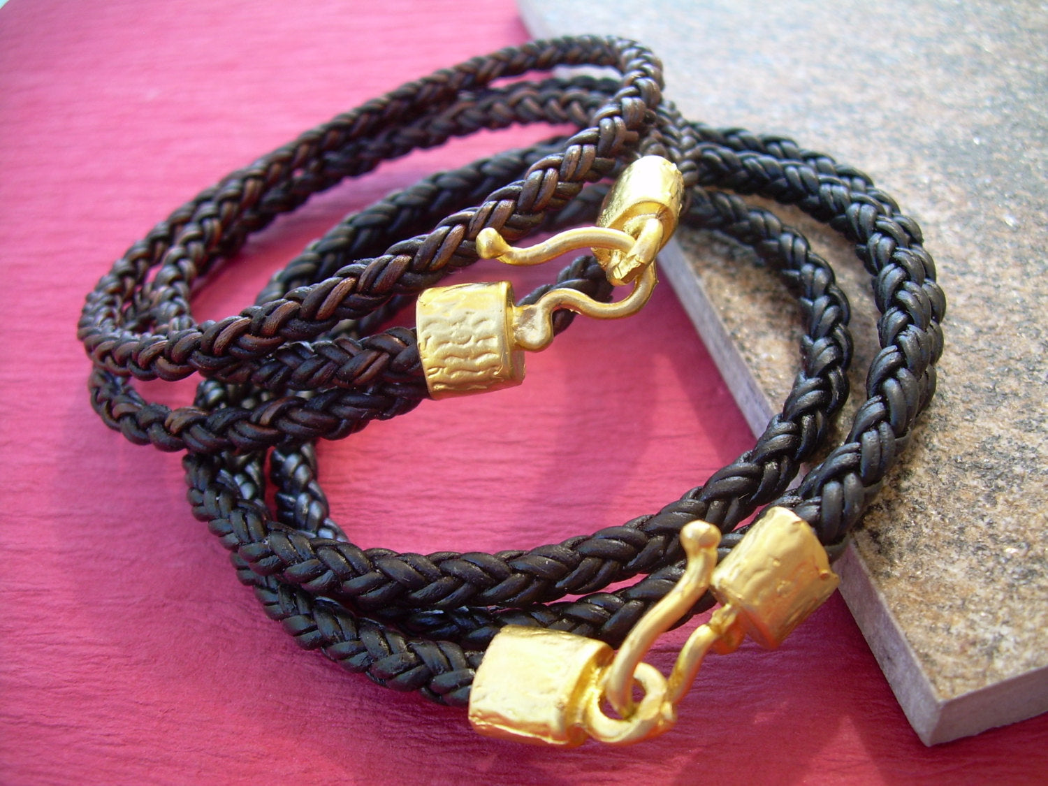 Triple Wrap Braided Leather Bracelet with 22k Gold Plated Hook C