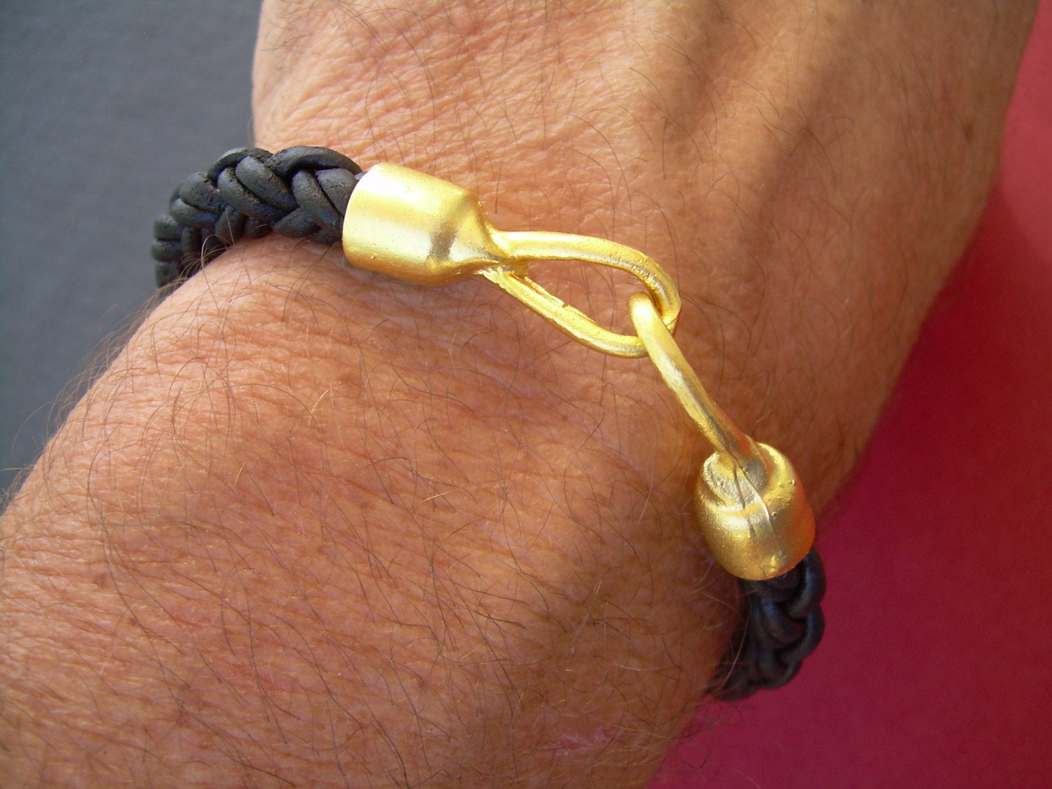 Thick Braided Leather Bracelet with Organic 22k Gold Plated Hook