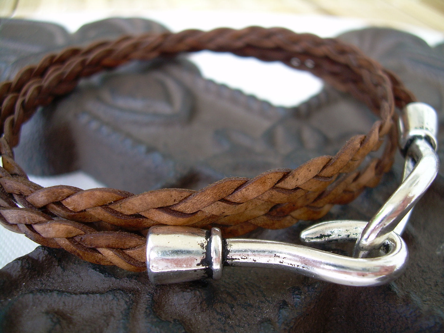 Womens, Mens, Unisex Leather Bracelet, Triple Wrap, Natural Brow
