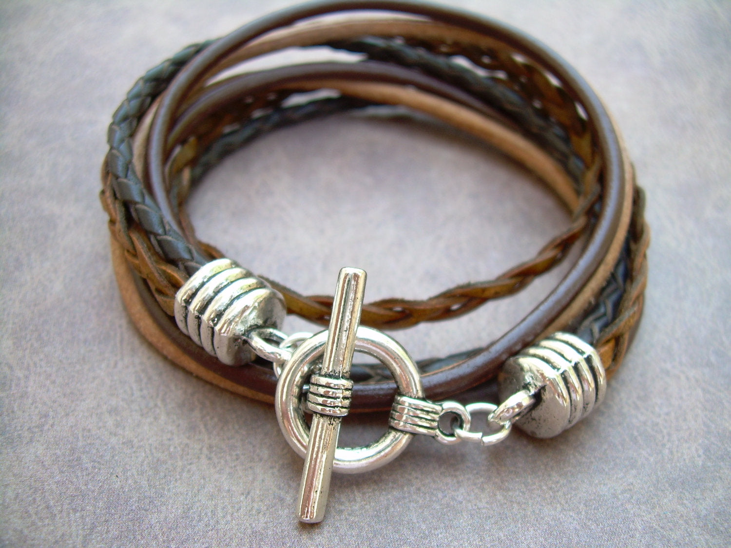 Mens Leather Bracelet,  Four Strand Double Wrap, Mens Bracelet, 