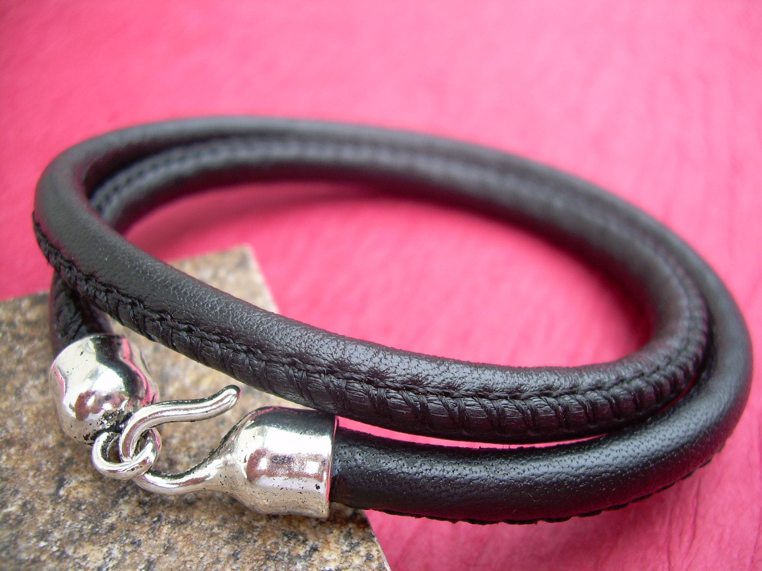 Mens, Womens, Black  Leather Bracelet ,Premium Stitched Nappa Le