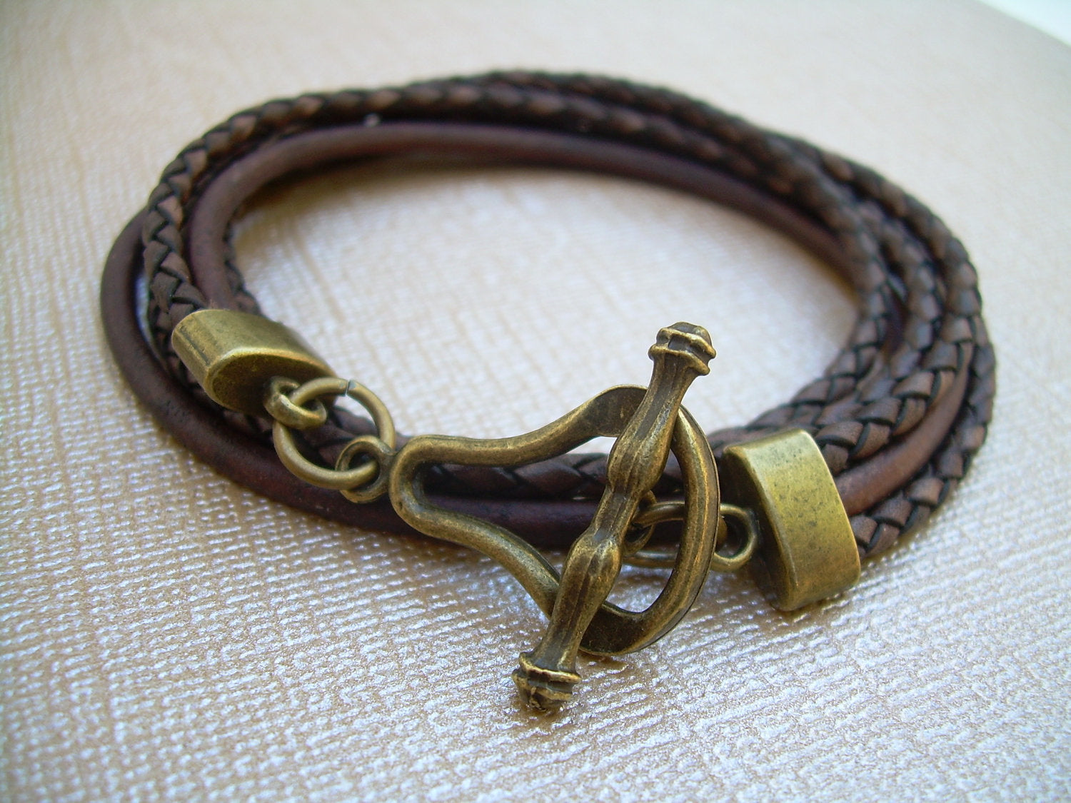 Leather Bracelet,Double Wrap,Triple Strand, Antique Bronze/ Anti