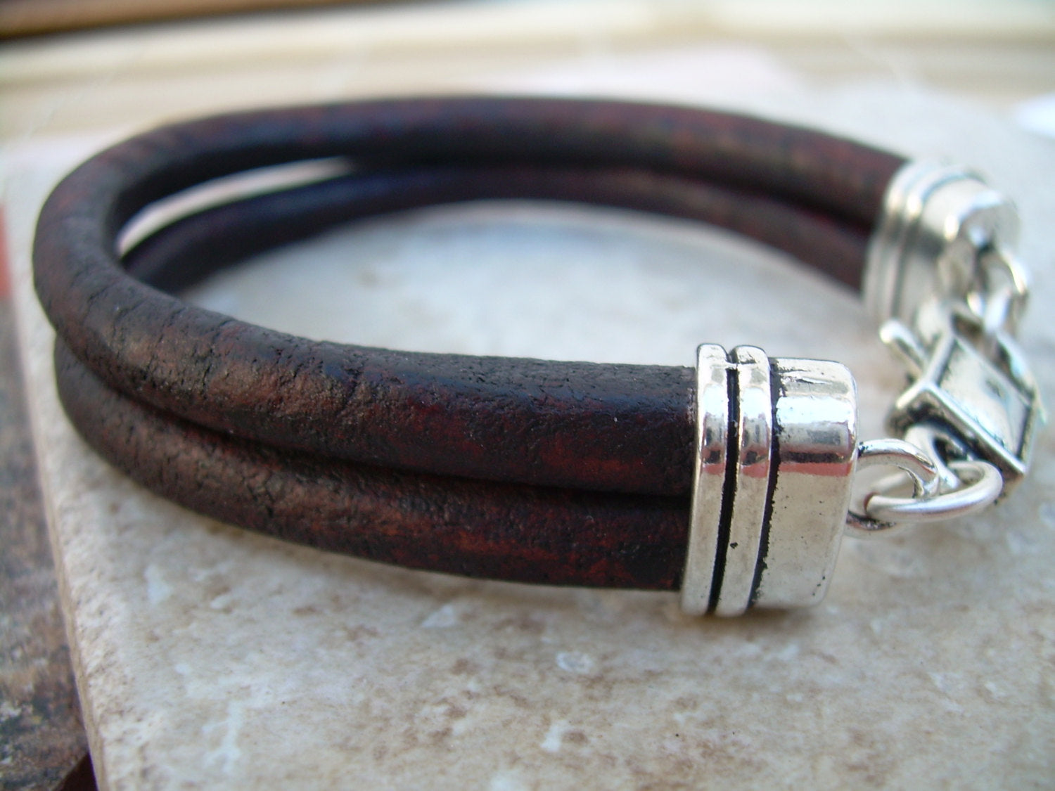 Mens Leather Bracelet , Antique Brown Leather Cord, Lobster Clas