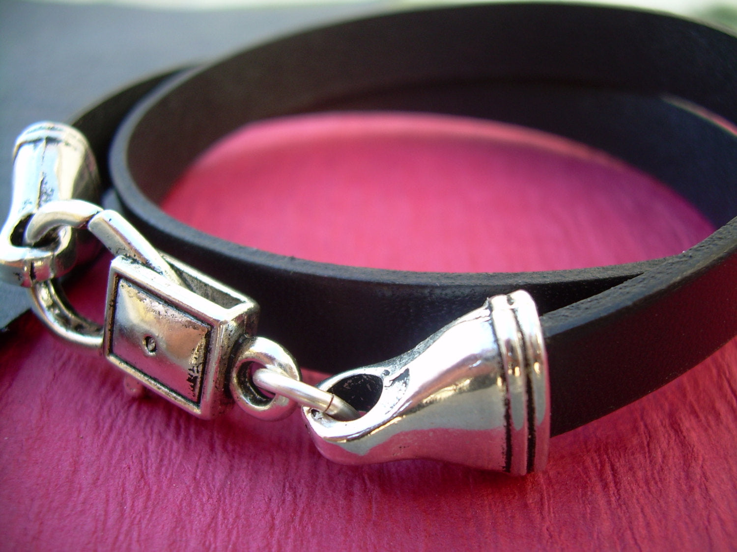 Flat Leather Wrap Bracelet, Black, Double Wrap, Mens Bracelet, Womens Bracelet, Mens Jewelry, Womens