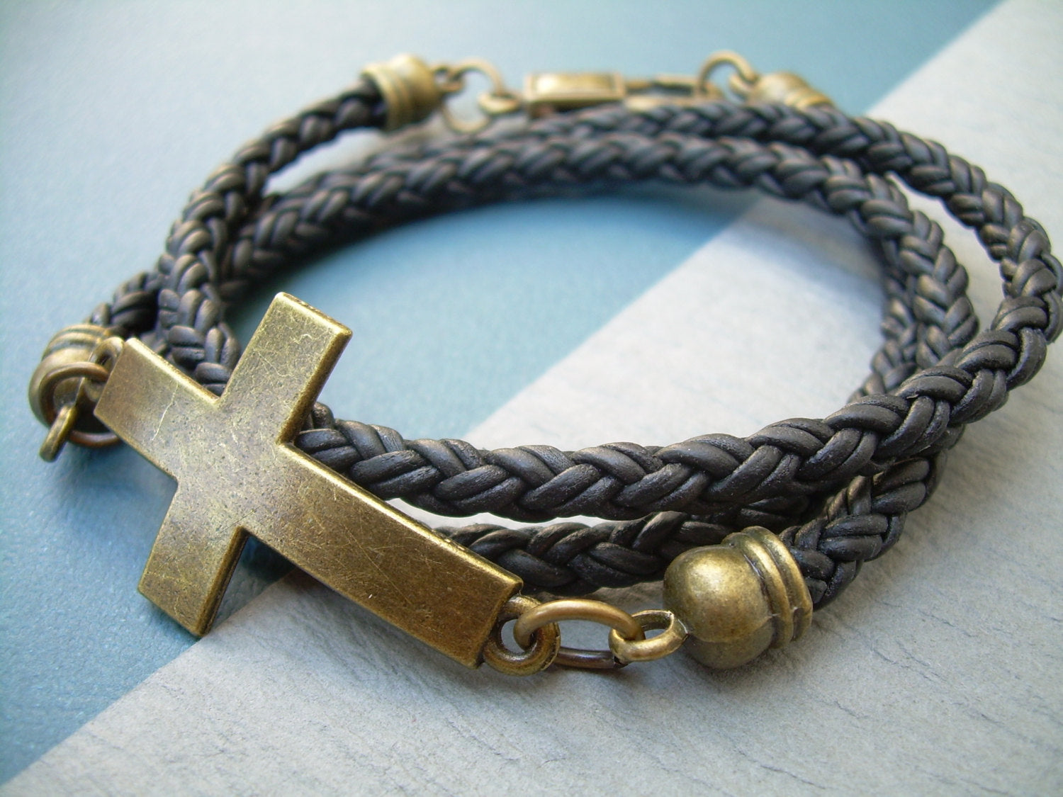 Bronze Cross Leather Wrap Bracelet, Cross Bracelet, Mens Bracele