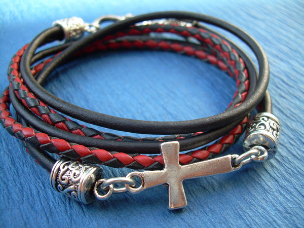 Red and Black Braided Leather Cross Blessing Bracelet, Cross, Religiou ...