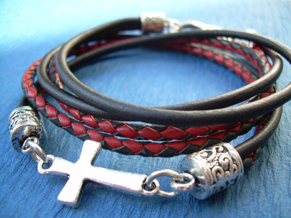 Red and Black Braided Leather Cross Blessing Bracelet, Cross, Religiou ...